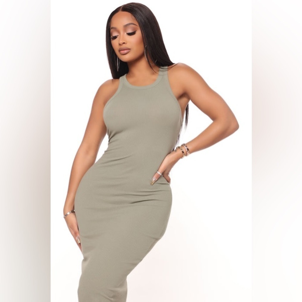 NWT Fashion Nova Olive Green Mila Sleeveless Ribbed MIDI Dress Women’s Large - Picture 2 of 10